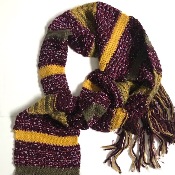 Accessories - Boho Chic Hand Knit Colorful Striped Design Oversized Artisan Fringe Trim Scarf